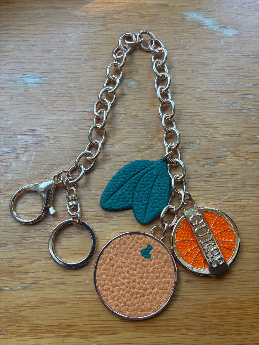 GUESS Orange & Teal Leaf Charm Keychain with Gold Hardware NEW!